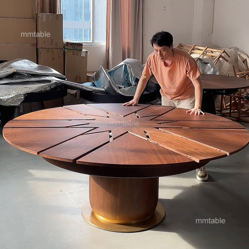 table bois ronde avec rallonge 6 8 10 12 personnes / table ronde avec rallonge integree 180 200 cm base de couleur dorée