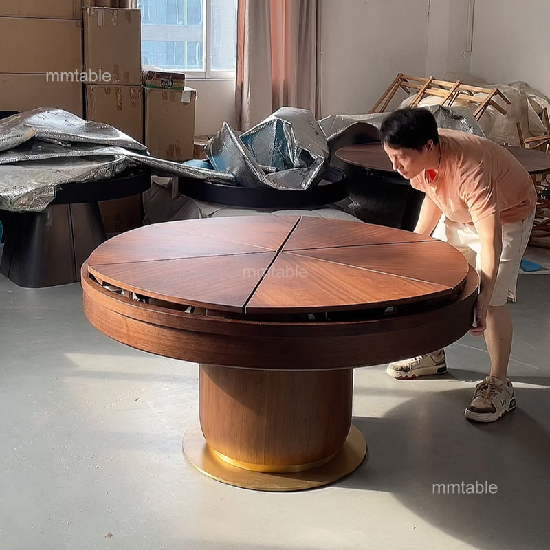 table bois ronde avec rallonge 6 8 10 12 personnes / table ronde avec rallonge integree 180 200 cm base de couleur dorée