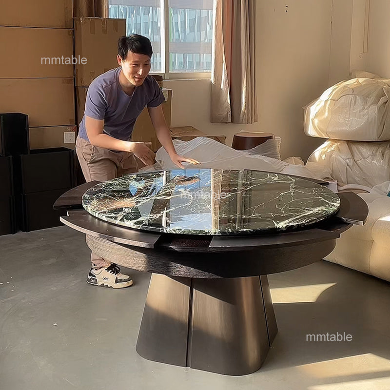 marble table black extendable  round  dining table / expandable dining table seats 6 8 10